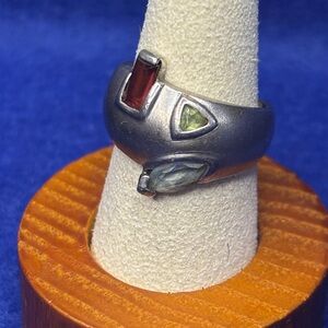 Sterling Silver Multi-Gemstone Women's Ring - Green, Red, Blue Accent